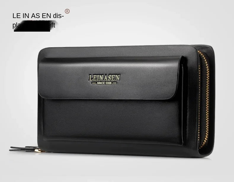 Black leather wallet with front flap, LEINASEN logo, and double zipper on the side