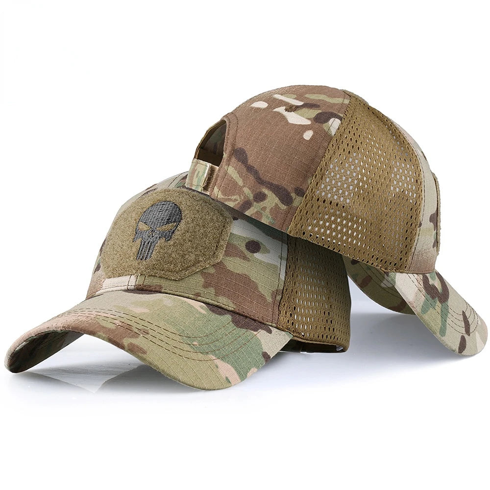 Camo skull baseball cap with mesh sides and adjustable strap, olive and tan tones