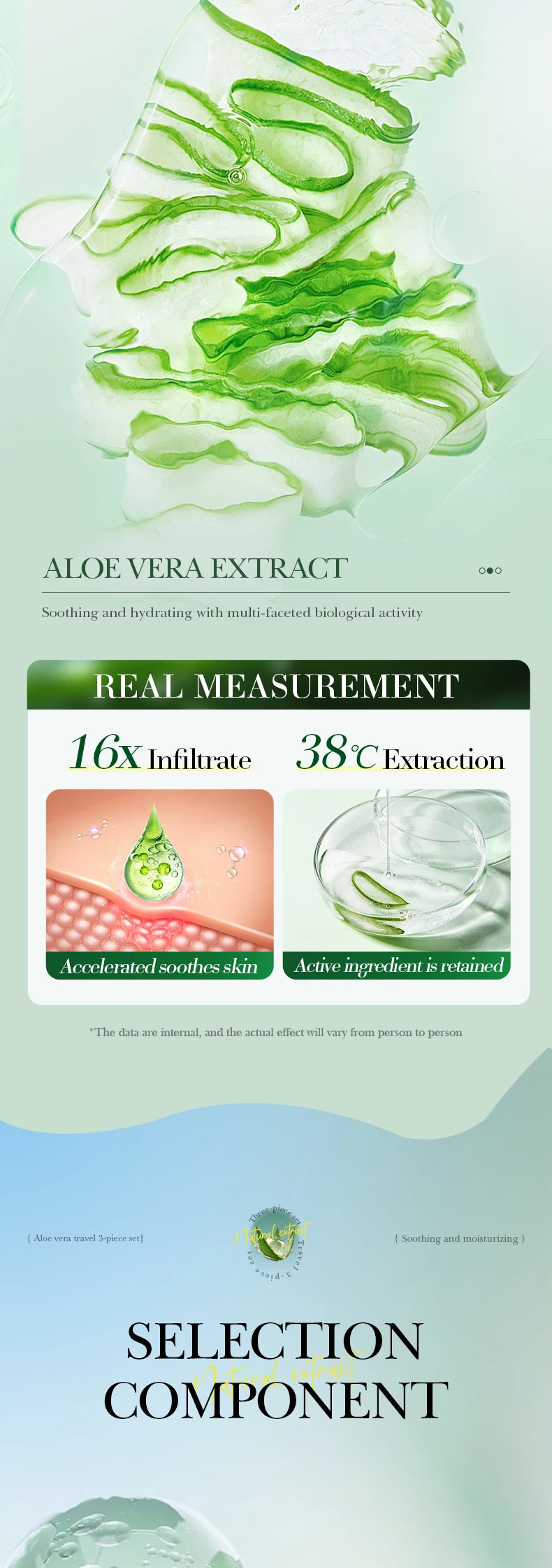 Aloe vera extract skincare set page with product box and ingredient details