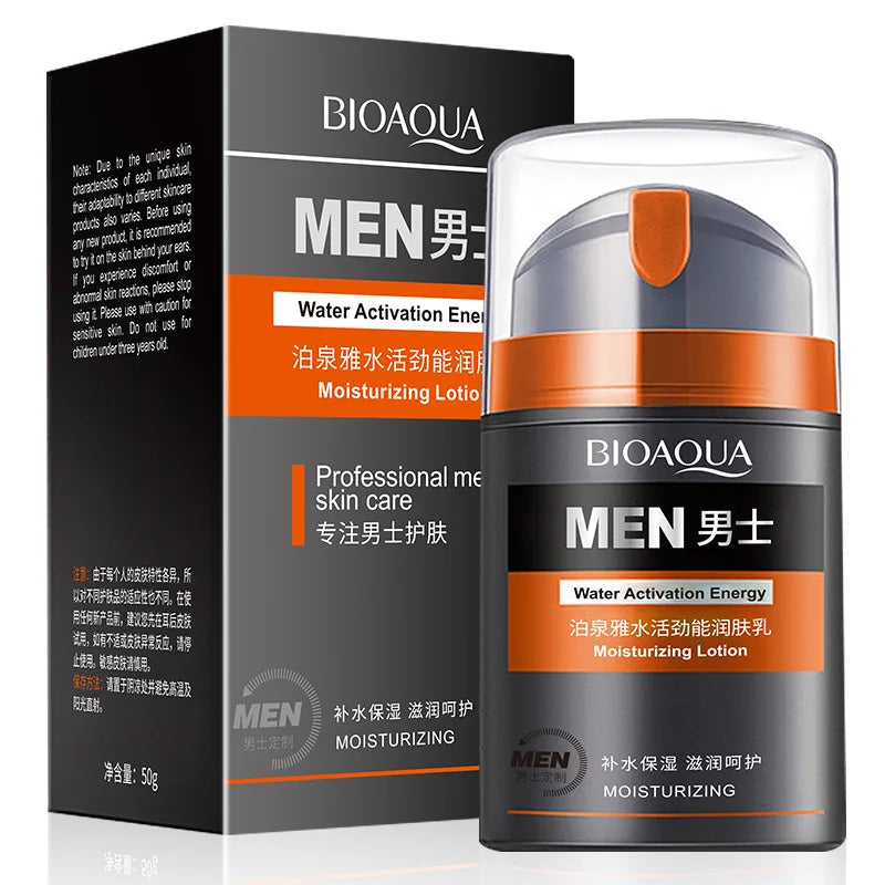 Men’s oil control moisturizing lotion bottle with orange band and product box