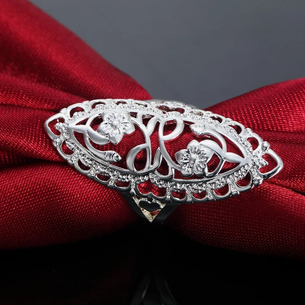 Cute nice 925 Sterling Silver fine Retro Hollow wide flower Rings For Women Fashion Party Charm wedding  Jewelry Gifts K's Collection Store