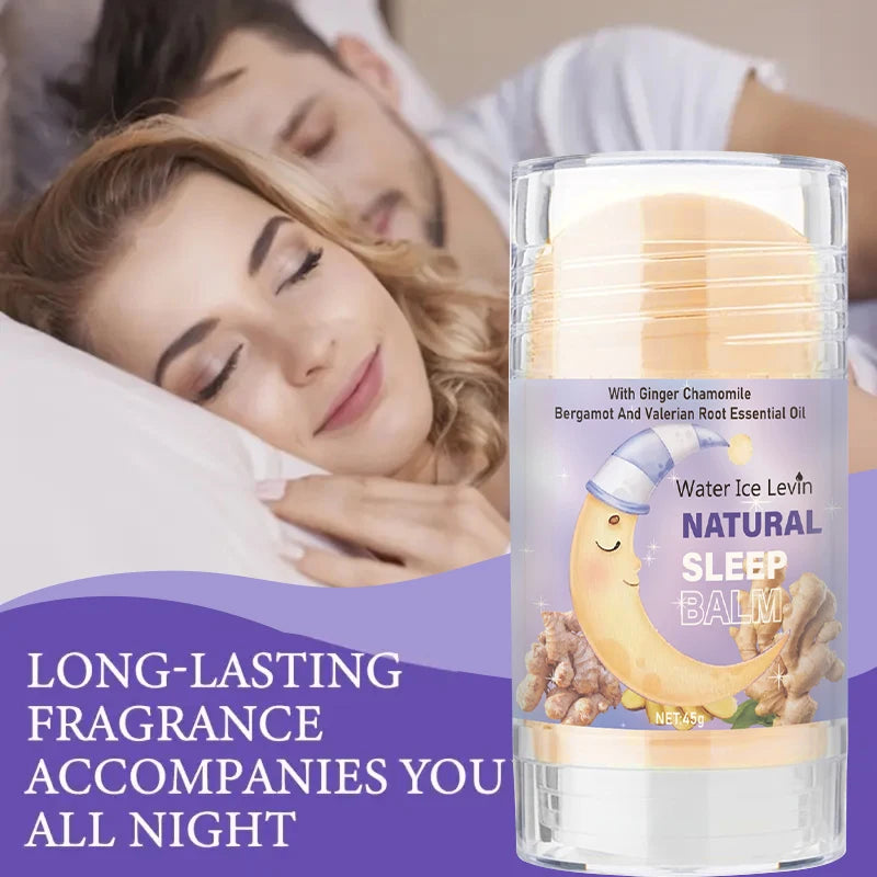 Natural sleep balm cream in clear cylinder beside sleeping woman