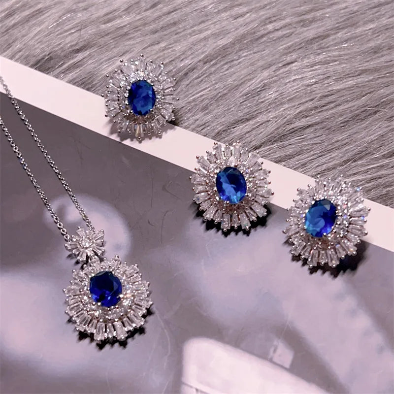 High-quality fashion Blue jewelry sets silver 925 full diamonds luxuriy elegant flower sapphire earrings for women necklace ring K's Collection Store