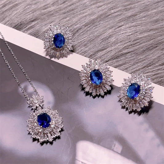 High-quality fashion Blue jewelry sets silver 925 full diamonds luxuriy elegant flower sapphire earrings for women necklace ring K's Collection Store