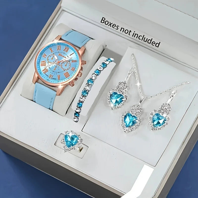 Fashion Quartz Watch and Jewelry Set, Shock Resistant Circular Analog Digital Display, PU Leather Strap, Zinc Alloy Case K's Collection Store
