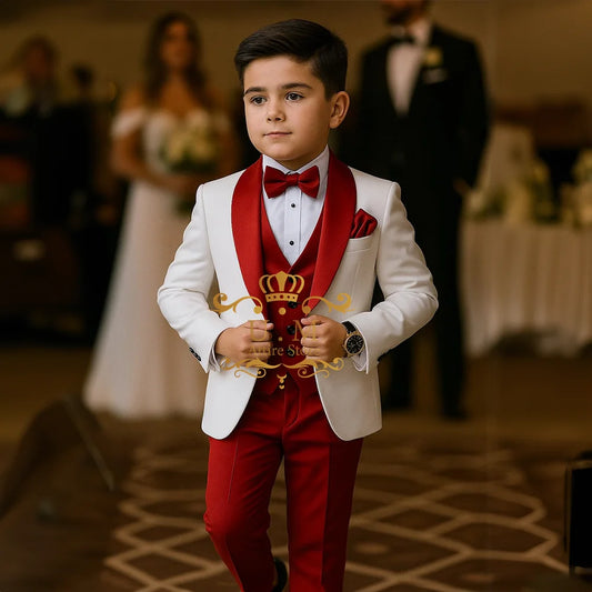 Kids White Tuxedo with Red Lapel 3-piece Set Jacket Vest Pants Custom Clothes of Boys Wedding Suit for Prom Party Gift K's Collection Store