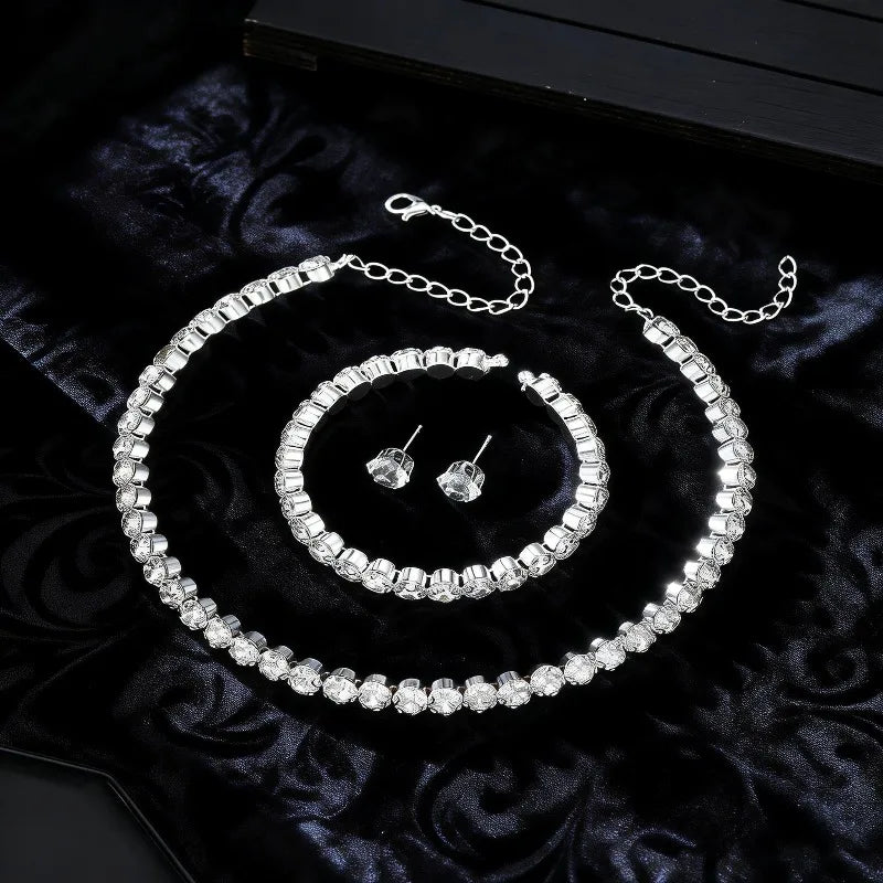 Luxury Round Crystal Jewelry Set for Women Charm Silver Color Bracelet Stud Earring Zircon Chain Necklace Wedding Party Jewelry K's Collection Store