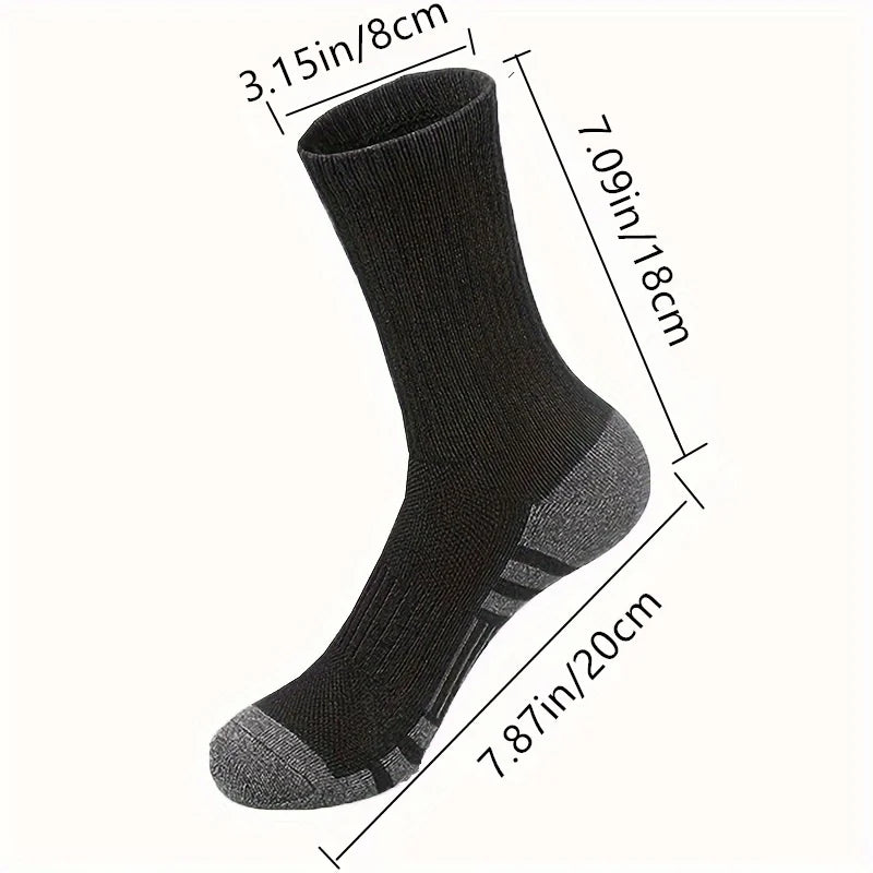 Men's solid black crew sock with gray heel and toe, size diagram