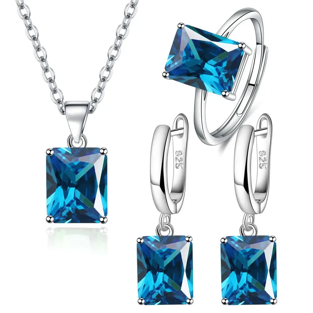 925 Sterling Silver  Elegant Jewelry Sets Ring Earrings Necklace For Women Rectangle Geometry Zircon Wedding Accessories K's Collection Store