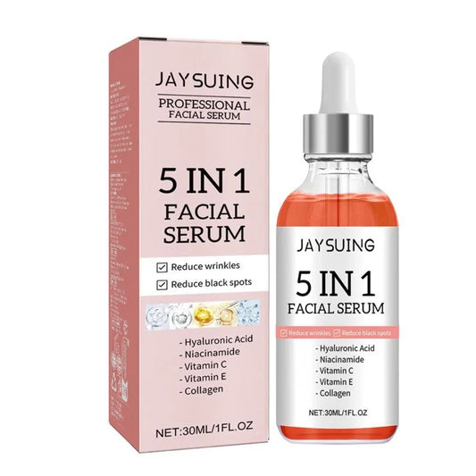JAYSUIING 5-in-1 facial serum bottle with dropper and boxed packaging, net wt 30ml