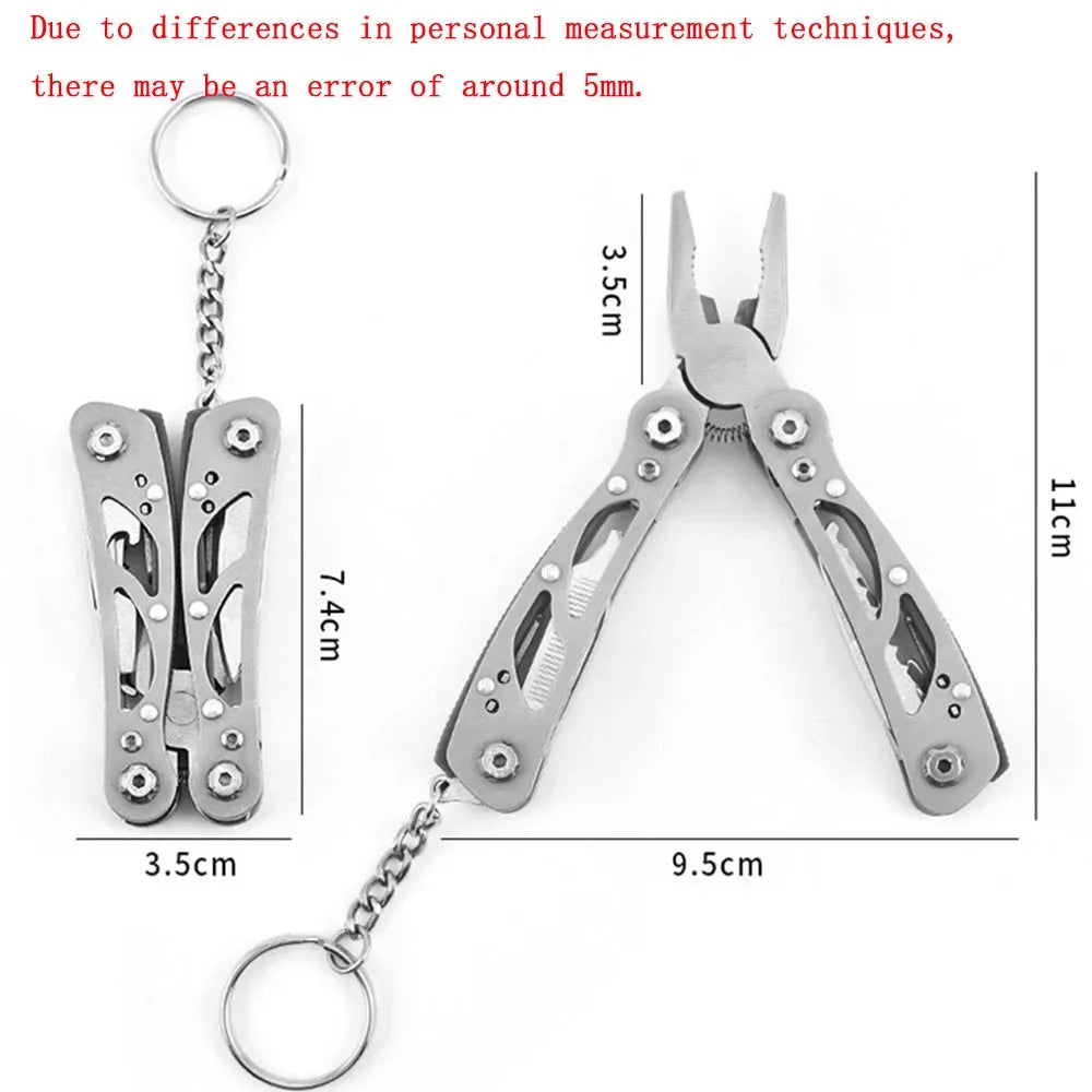 Folding pocket multi-tool with key ring, silver blades, and black grip handles