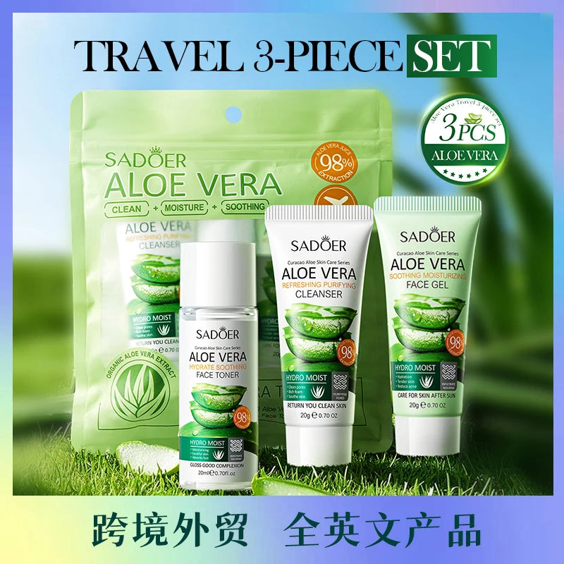 Aloe vera facial cleanser and gel set with green pouch and three skincare tubes