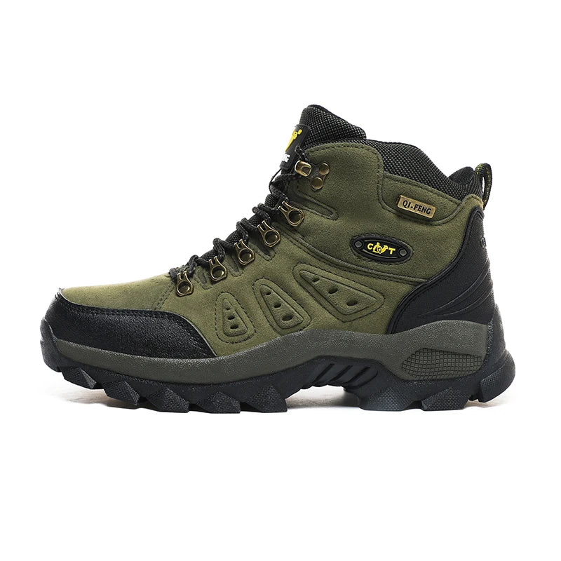 High-top adventure sneaker in olive green and black, isolated side view with tread