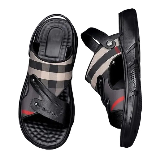 Men's black slide sandals with striped strap and buckle, open toe design