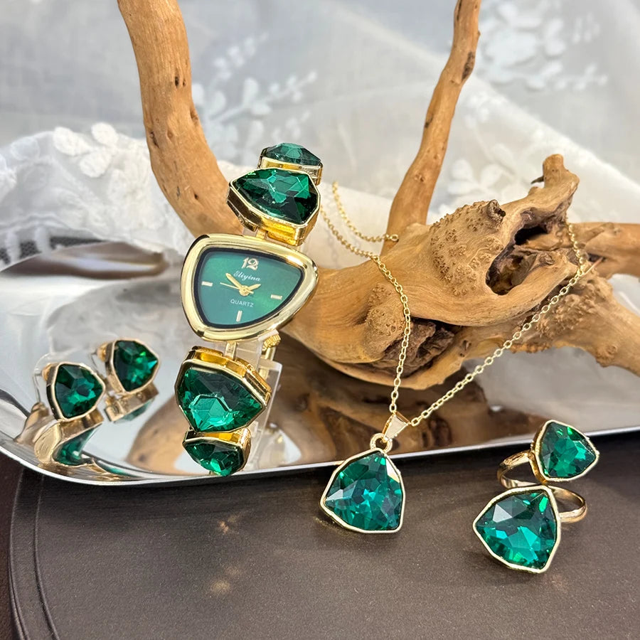 Luxury Ladies Quartz Watch  Colorful Diamond Irregular Shape Necklace Ring Earrings Jewelry Set Four-Piece Gift Set Trendsetter K's Collection Store