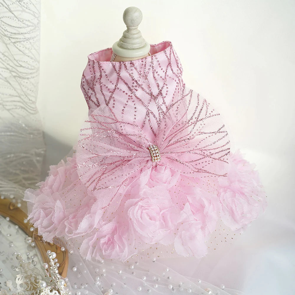 Luxury Designer Puppy Dress for Bride White Pink Girl Dog Wedding Outfit Formal Costume with Lace Rose Flower Small Dog Clothing K's Collection Store