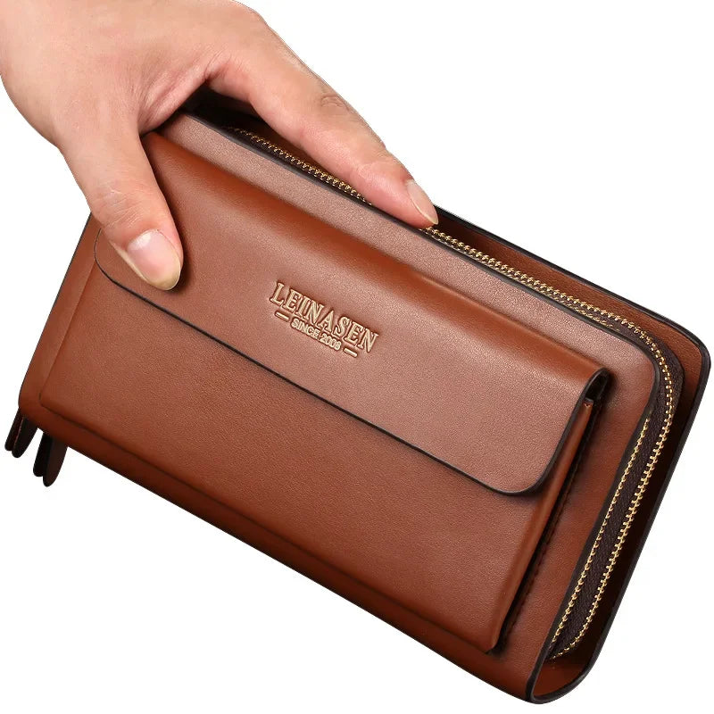 Brown leather men's wallet with double zippers, front logo panel and card pocket