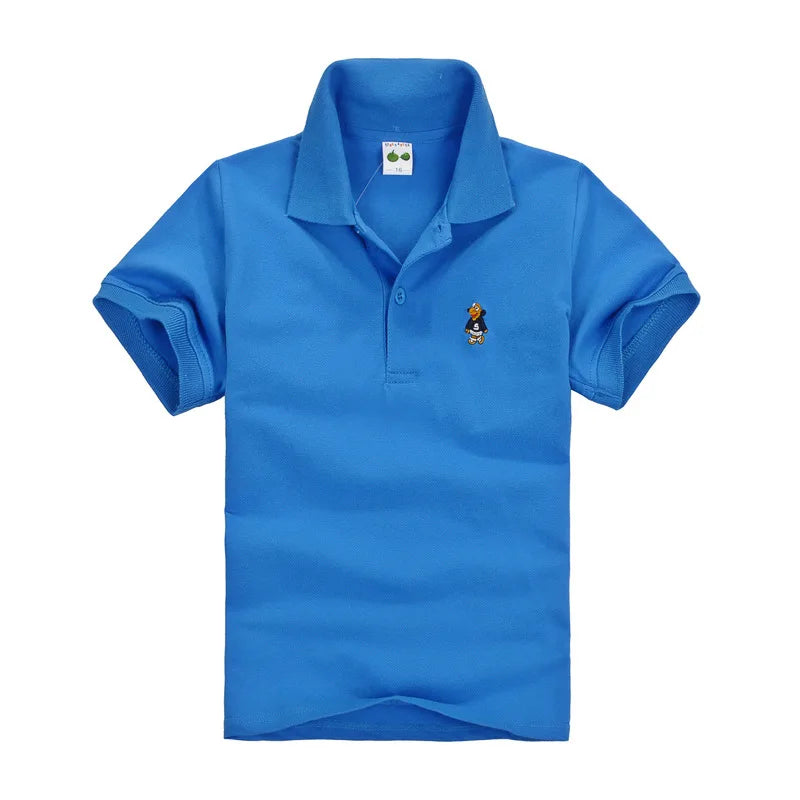 Boys blue short-sleeve polo shirt with small cartoon chest logo