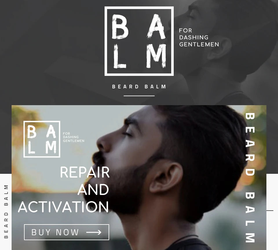 Beard balm promotional graphic with BA LM branding and a man portrait
