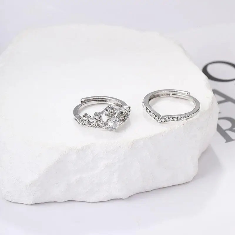 2PCS Fairy Sparkling Crown Rings for Women Teen Crystal Korean Adjustable Silvery Anniversary Gift Party Queen Ring Set Jewelry K's Collection Store