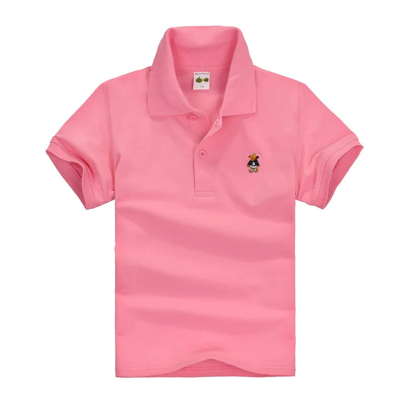 Boys pink short-sleeve polo shirt with small cartoon chest logo