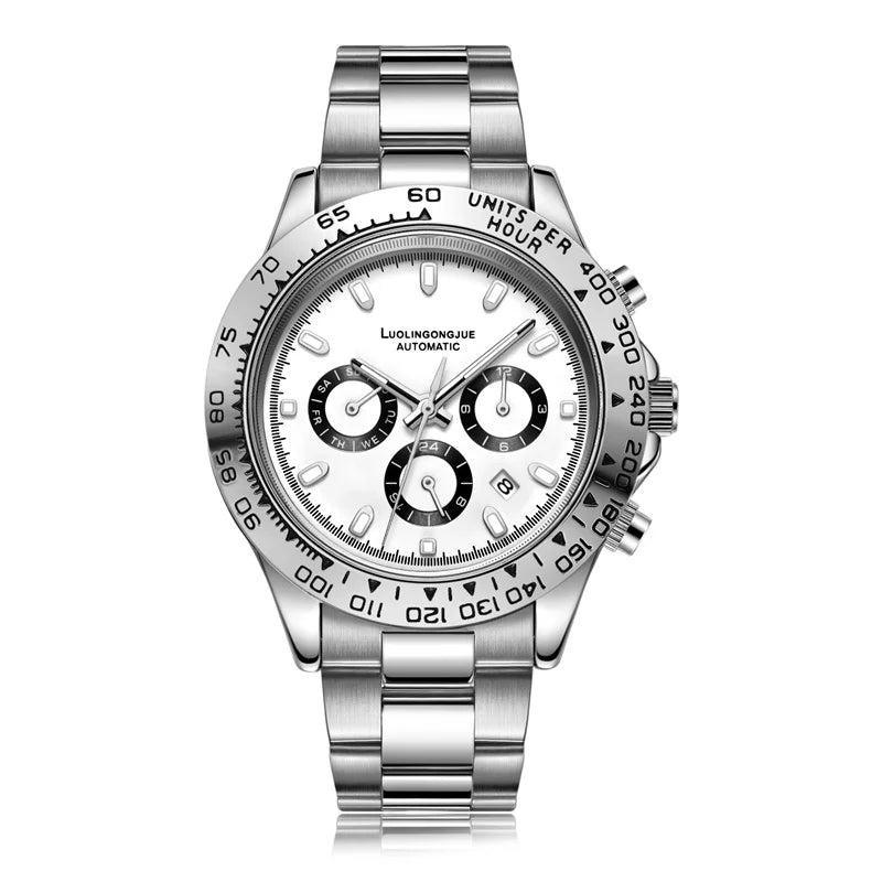 Men's mechanical business watch with silver bracelet and white multifunction dial