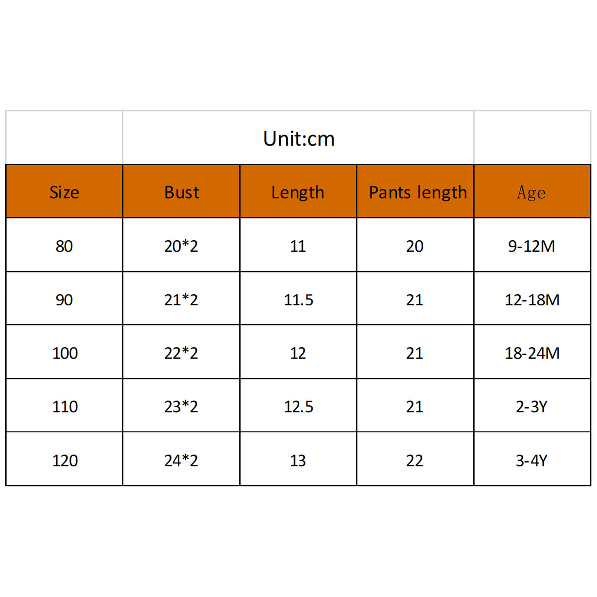 Swimsuit size chart table with bust, length, pants length, and age in cm