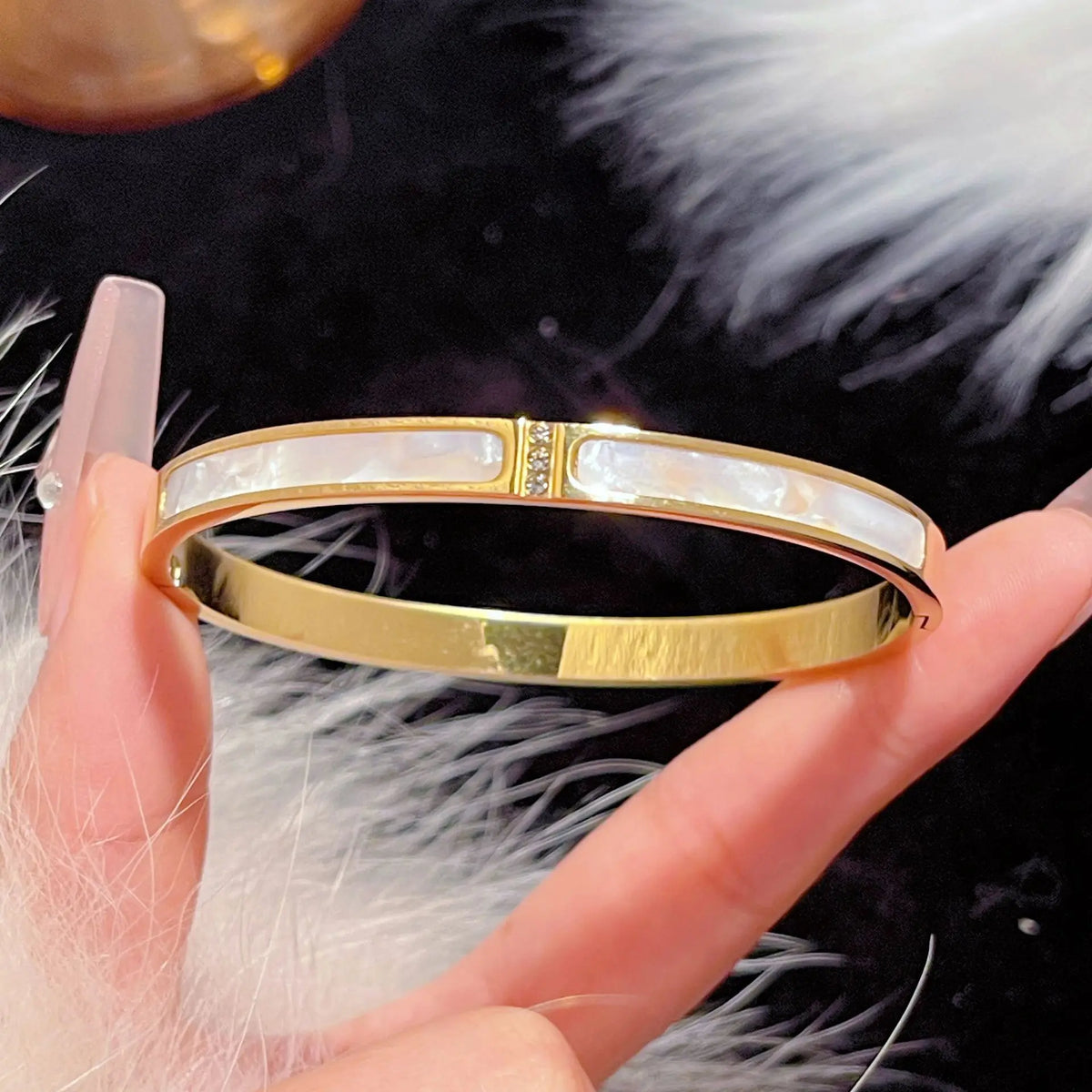 Yupsk Titanium Steel Gold Color Shell Zircon Open Bracelet Bangles Luxury Sparkling CZ Waterproof Jewelry K's Collection Store