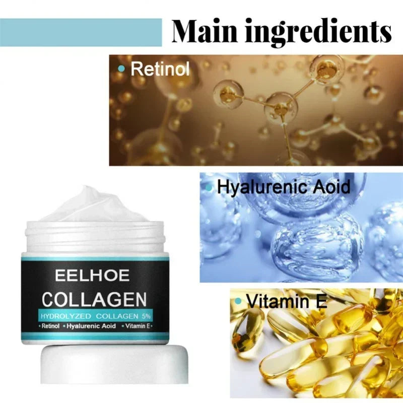 Collagen face cream jar with retinol and hyaluronic acid ingredient highlights.