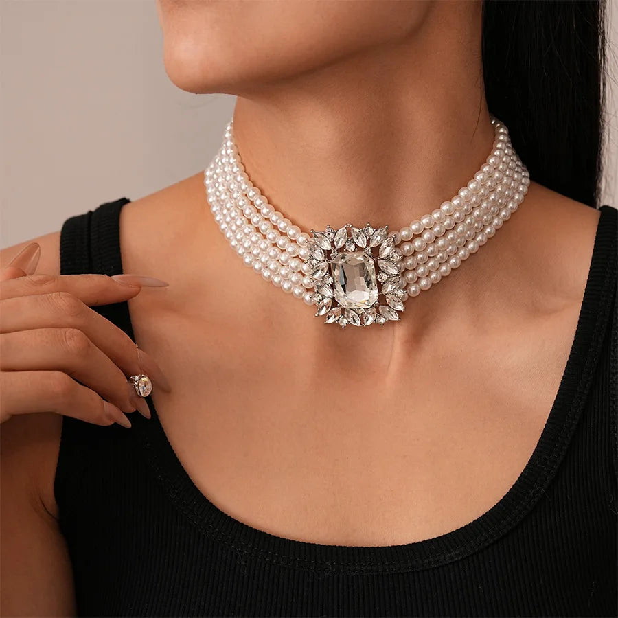 Elegant Costume Jewelry Set Wedding Large Crystal Earrings Multi Strand Bracelet and Imitation Pearl Choker Necklace for Women K's Collection Store