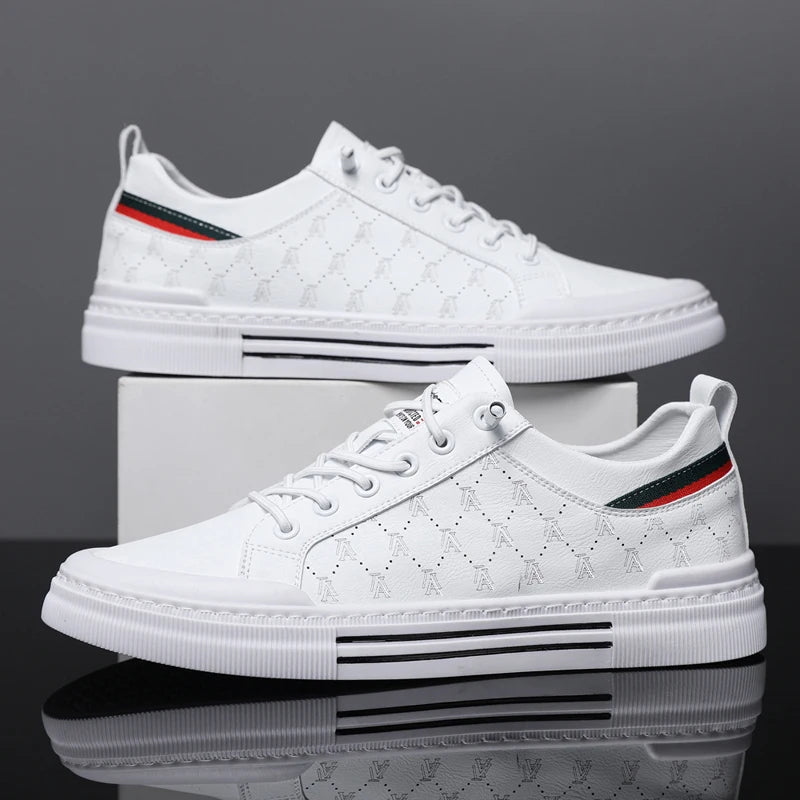 White low-top sport sneakers, lace-up with patterned upper and triple side stripes