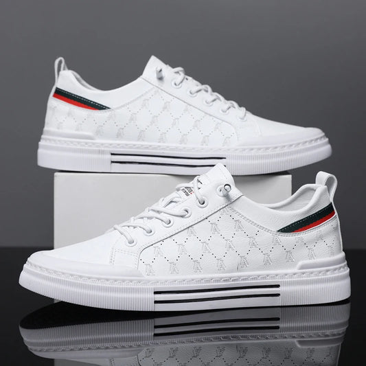 White low-top sport sneakers, lace-up with patterned upper and triple side stripes