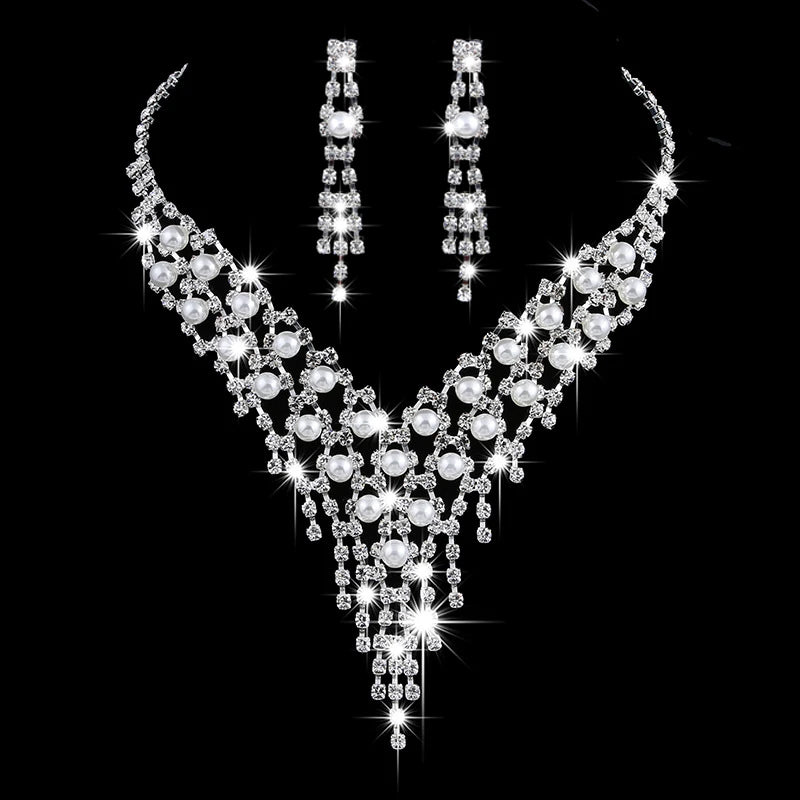 Luxury Long Tassels Jewelry Pearl Necklace Earing Set Crystal Zircon Wedding Bridal Jewelry Sets For Women Bijoux Mariage Zestaw K's Collection Store