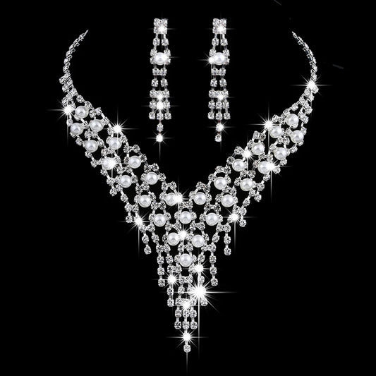 Luxury Long Tassels Jewelry Pearl Necklace Earing Set Crystal Zircon Wedding Bridal Jewelry Sets For Women Bijoux Mariage Zestaw K's Collection Store
