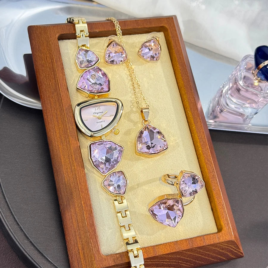 Luxury Ladies Quartz Watch  Colorful Diamond Irregular Shape Necklace Ring Earrings Jewelry Set Four-Piece Gift Set Trendsetter K's Collection Store