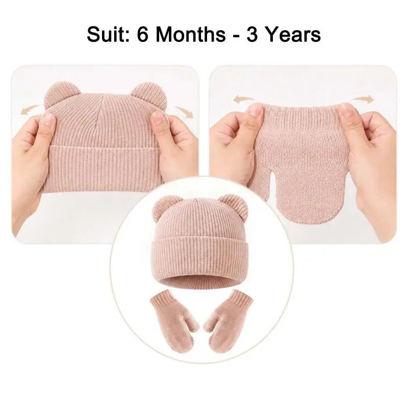 Winter Kids Hat Gloves Set Cute Bear Ear Beanie for Boys Girls Warm Kintted Earflap Hats Solid Color Mittens 6M-3Y K's Collection Store