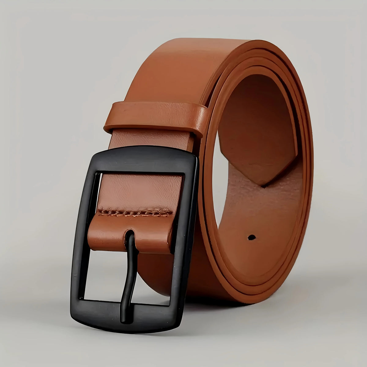 Men's PU leather belt in tan/brown with black square buckle and pin closure