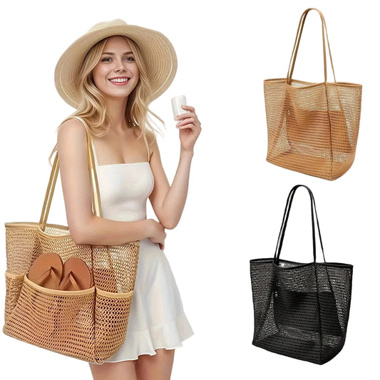 Woven beach tote bag with open top and inner pocket, tan/beige mesh, long handles