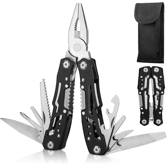 Folding pocket multi-tool with pliers, black handles, and multiple silver blades