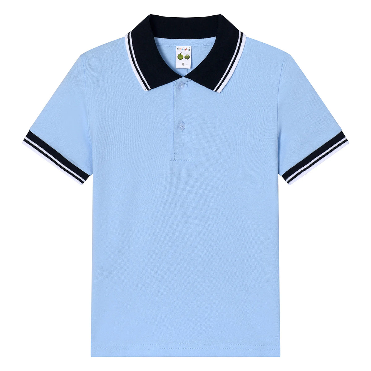 Boys short-sleeve polo shirt, light blue with black collar and striped sleeve cuffs