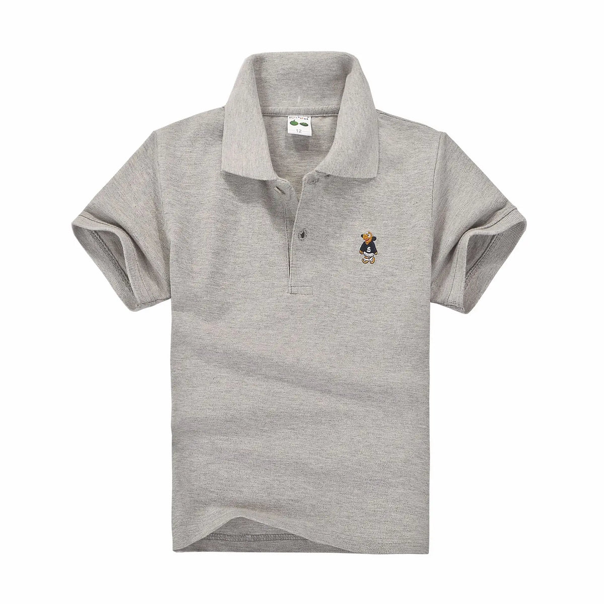 Boys short-sleeve polo shirt, heather gray with solid collar and small chest logo