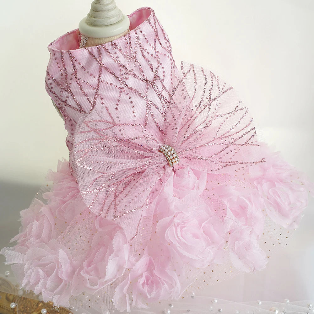 Luxury Designer Puppy Dress for Bride White Pink Girl Dog Wedding Outfit Formal Costume with Lace Rose Flower Small Dog Clothing K's Collection Store