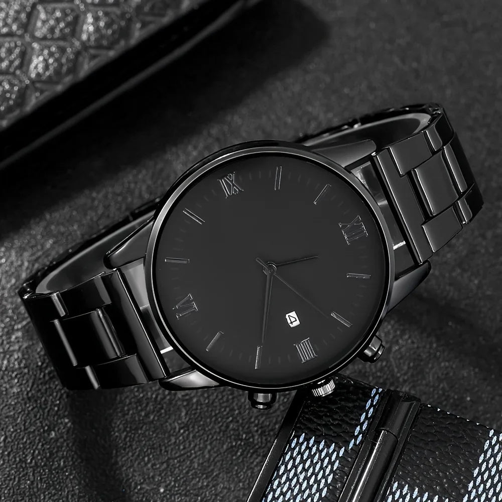 Men's Black Minimalist Quartz Watch Set with Link Necklace & Ring K's Collection Store