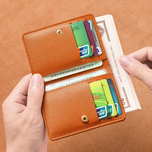 Ultra-thin PU leather wallet in tan, bifold with snap button and card slots