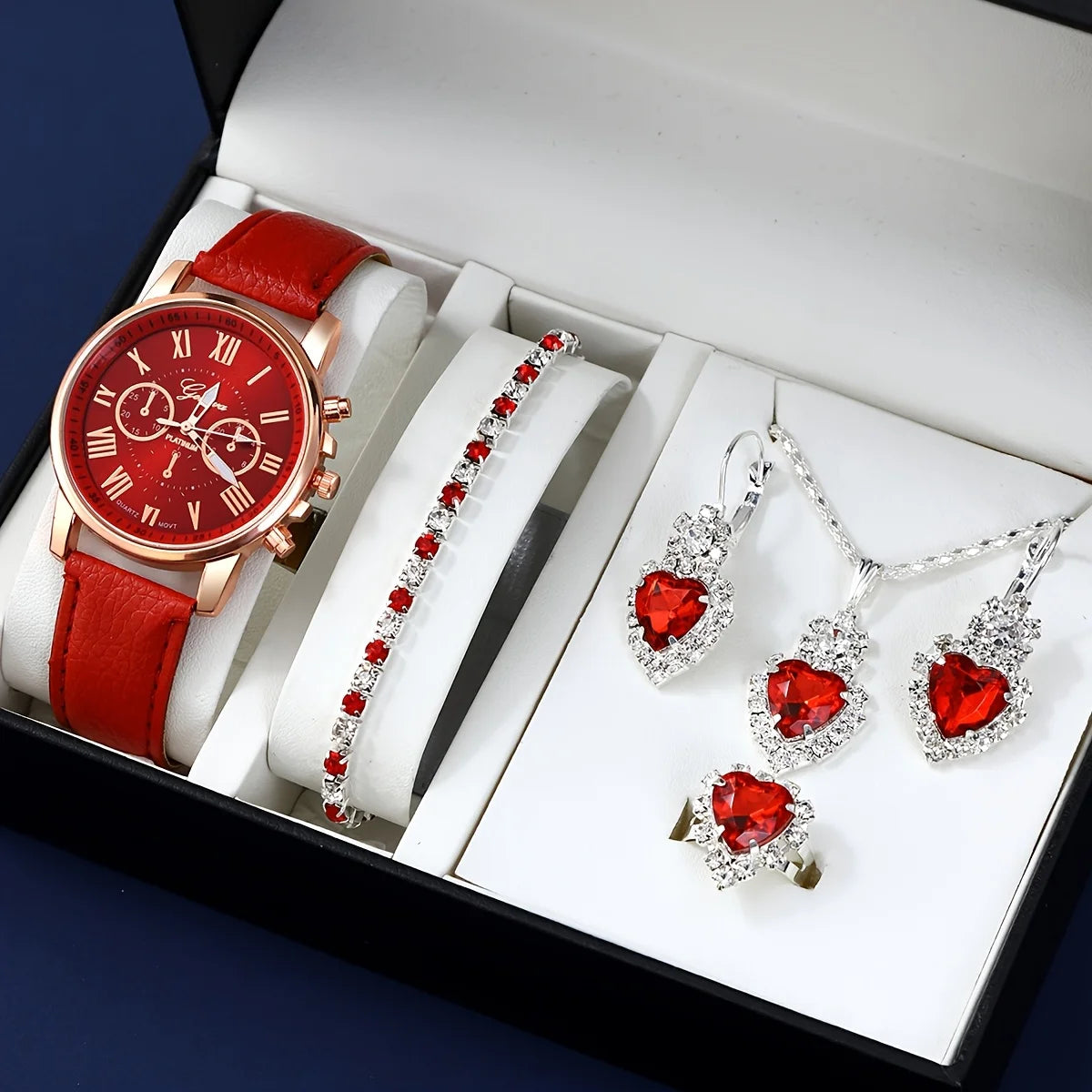 Fashion Quartz Watch and Jewelry Set, Shock Resistant Circular Analog Digital Display, PU Leather Strap, Zinc Alloy Case K's Collection Store