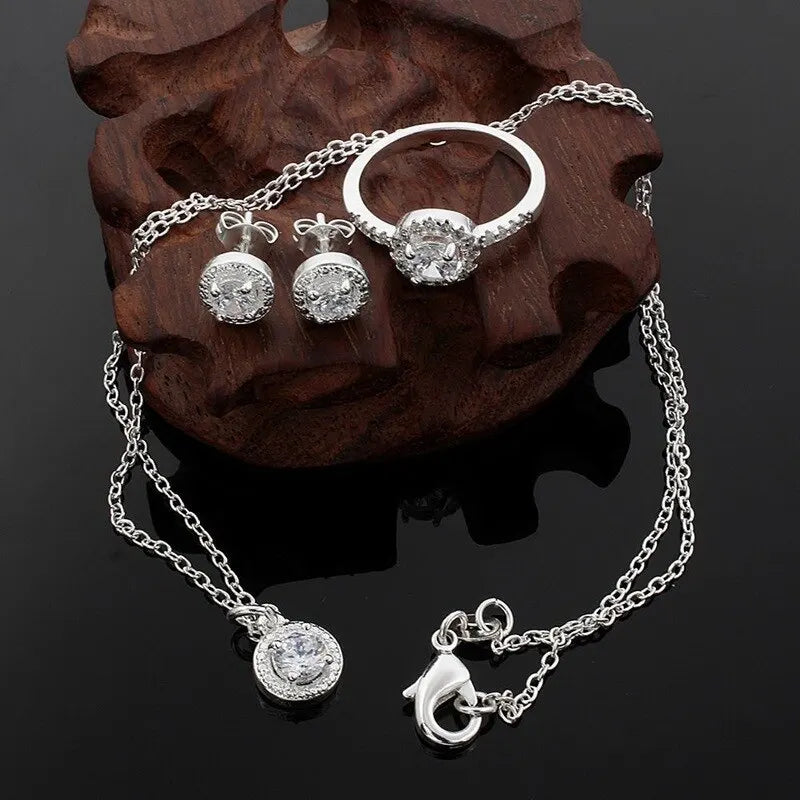 4pcs Jewelry Set Necklace Ring Earrings Female Models Light Luxury Style Brass With Zirconia Bright Silver Plated Jewelry K's Collection Store