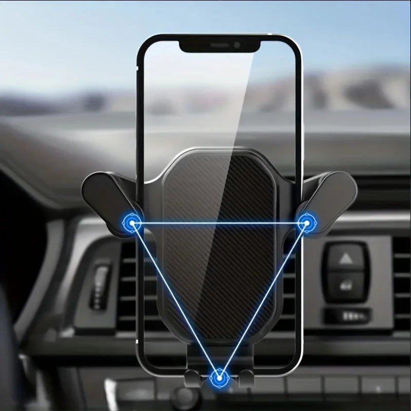 Car air vent phone mount with textured cradle and blue alignment guidance lines on screen