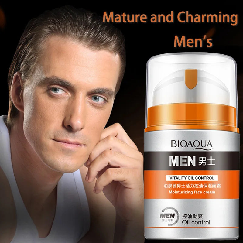 Men’s oil control face cream bottle with orange band and clear cap