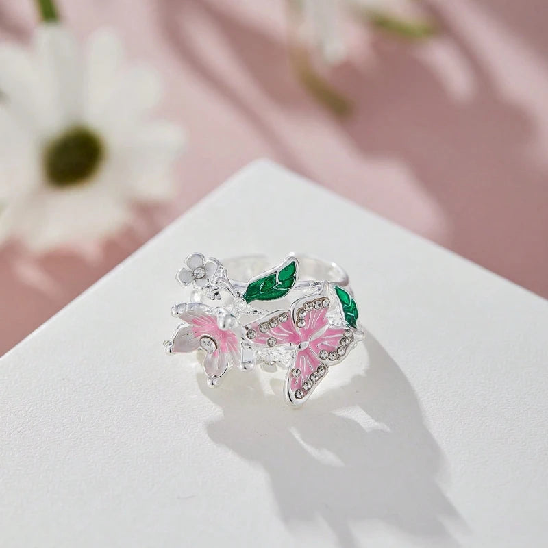 Aesthetic Flower Butterfly Rings for Female Romantic Rhinestone Stylish Non-fading Opening Ring Women Wedding Jewelry Party Gift K's Collection Store