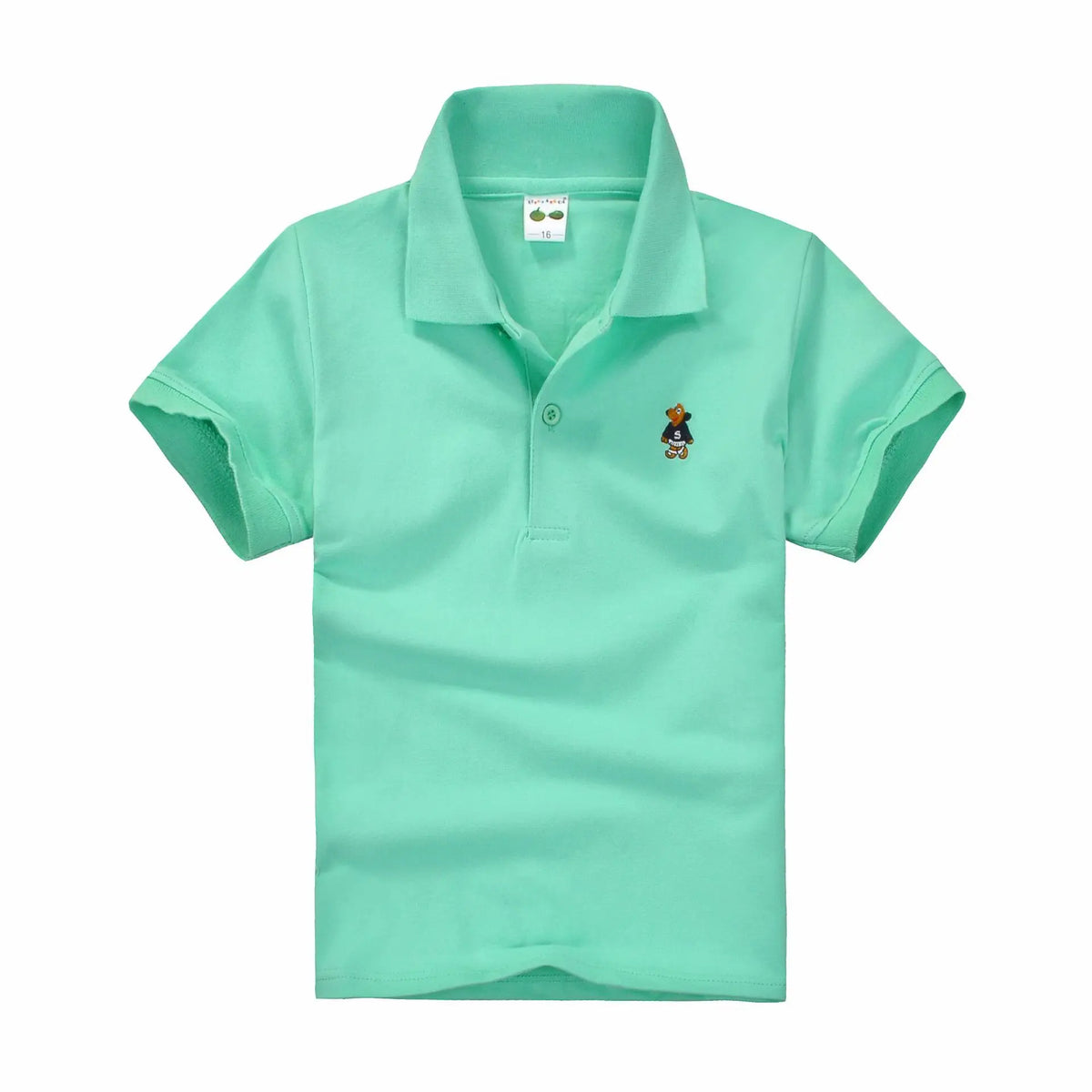Boys mint green short-sleeve polo shirt with collar and button placket, small chest logo